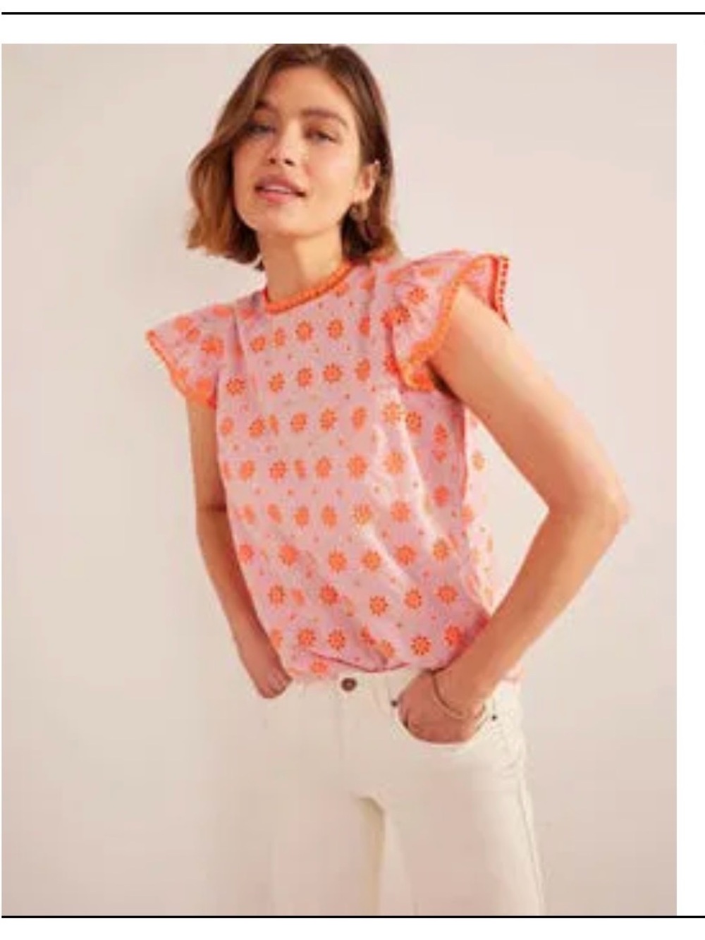 Boden Pink Floral Ruffle Sleeve Blouse with Orange Trim